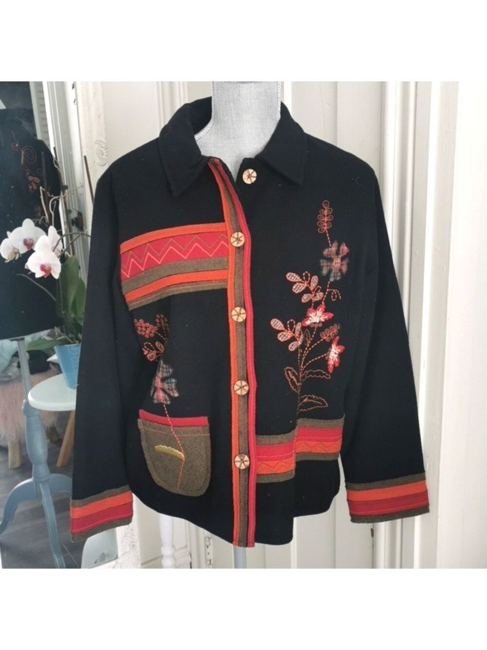 Women's Breckenridge wool blend with applique and embroidery. Cottagecore. Large